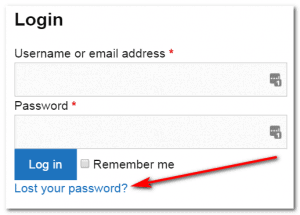 Login form with fields for username or email and password, a Log in button, a Remember me checkbox, and a red arrow pointing to the "Lost your password?" link.