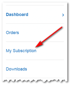 Screenshot with a red arrow pointing to the My Subscription link in the website sidebar menu, which also includes Dashboard, Orders, and Downloads.